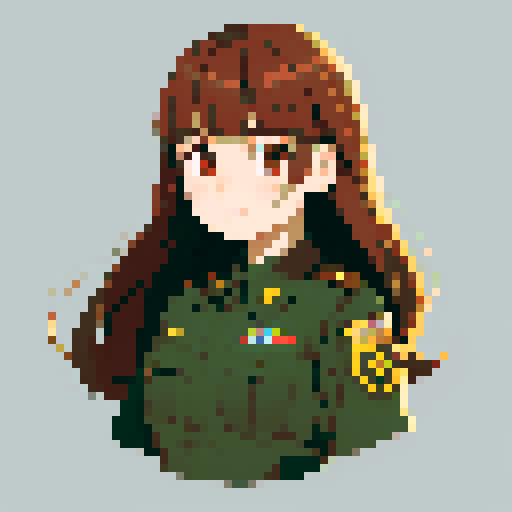 young girl, large round eyes, brown hair, brown eyes, wearing combat army uniform, standing, clean and detailed, game icon, centered composition, beautiful girl, long flowing hair, detailed eyes, slim figure, soft smile, round face