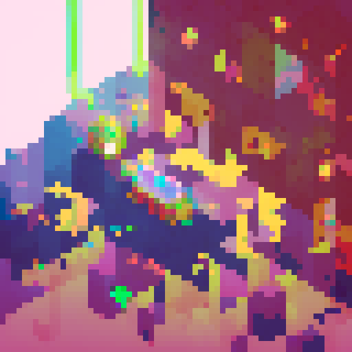A mischievous, neon-colored pixelated cat clutching a glitchy fish in a retro, arcade-style pixel art world