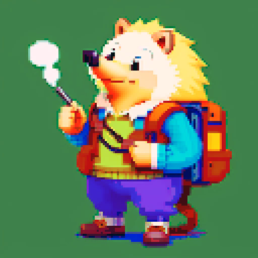 antropomorphic smiling hedgehog with travellers backpack and smoking pipe