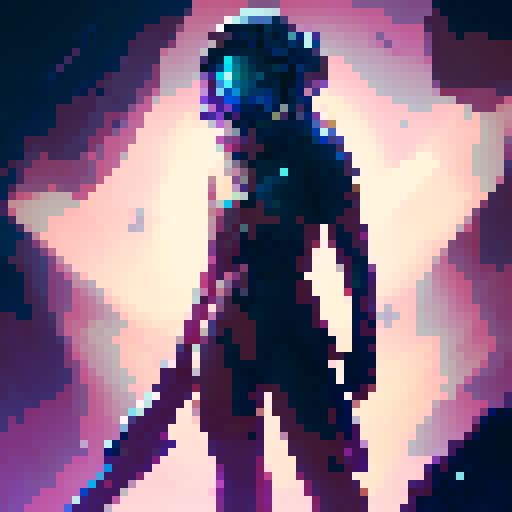 Space rogue adventurer, female, wielding a glowing sword, searching for salvageable spaceship parts, retro RPG, alien hunter, bandit