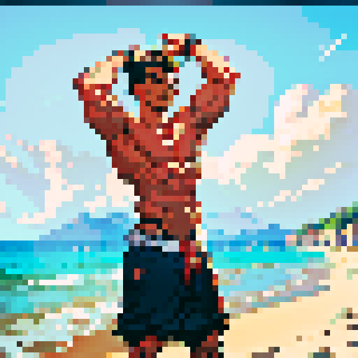 uncaring, shirtless man, flexing muscles, beach, pixel art, sRGB