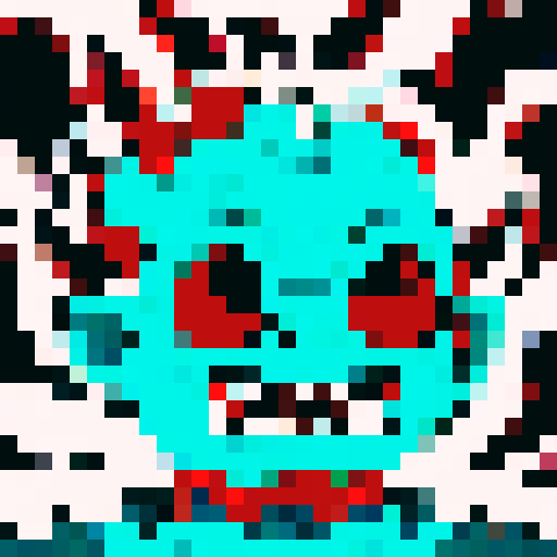 demon monster head with teal skin and fiery eyes, large mouth, ugly teeth, close up character portrait, anime style, pixel art