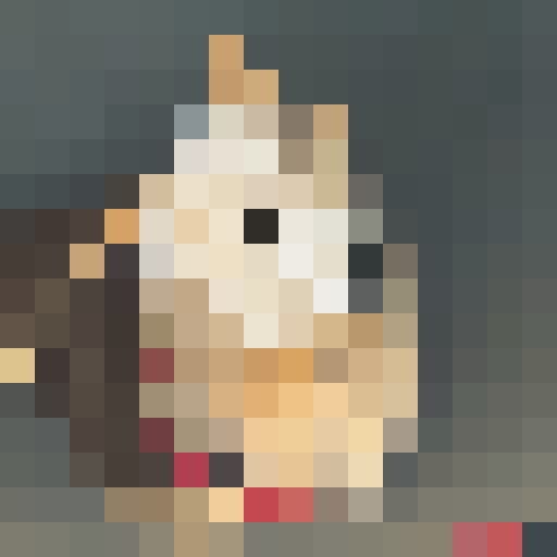 A 16х16 pixel portrait of a medium-sized dog with fluffy fur. The dog has a bright, shaggy golden coat with black patches on its back and ears. Its ears are medium length, slightly floppy, and the tail is bushy. The background should be white 
