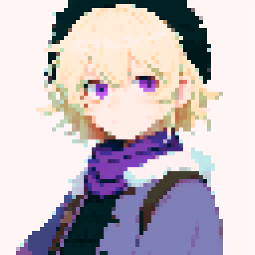 Male, light purple eyes, pale skin, blonde hair, sprite, black winter clothes, fur collar, short messy hair, looking at viewer, small smile, solo male, low details, uncropped, ushanka, dialog sprite, fantasy clothes, bangs, medium hair, tired eyes, purple scarf, thick lines, pixel art, sRGB