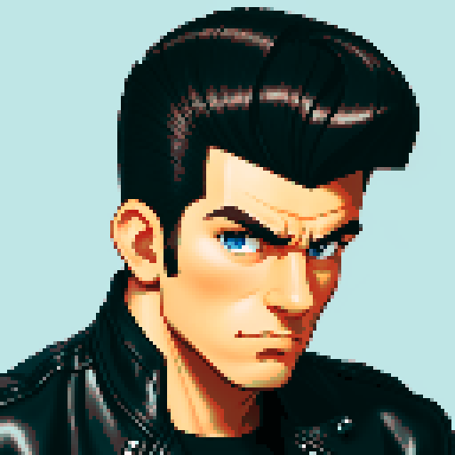 Muscular, tough greaser man with a pompadour hairstyle, wearing a classic motorcycle jacket, pixel art, sRGB colors, portrait, face avatar