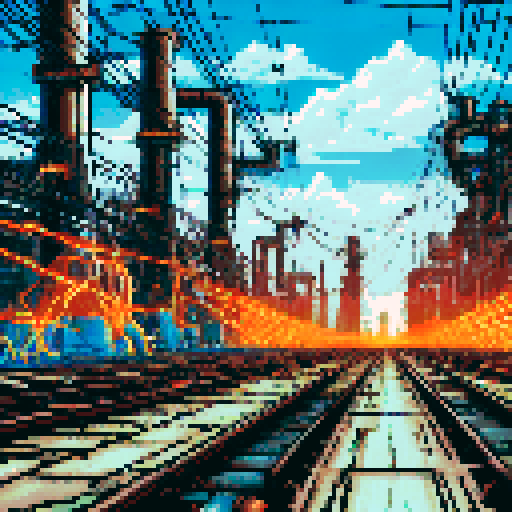 A malfunctioning factory battlefield with a first-person perspective. The metallic floor is covered in debris and loose wires sparking with electricity. Dangling cables emit bright sparks and electrical arcs, creating a chaotic, industrial atmosphere. Subtle steam and smoke rise from broken pipes, while dim industrial lighting and shadows enhance the tension. The scene features a clear foreground for battles, with layered machinery and sparking wires in the background.