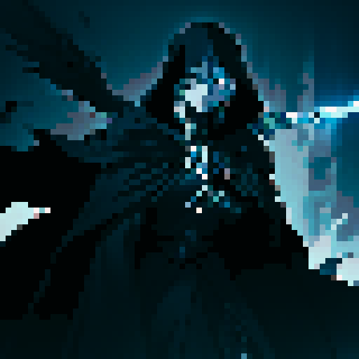 Knight with wings, helmeted, wielding a blasphemous sword, its gray black metal body flowing with viscous liquid and flickering with soul fire, wearing a worn black cloak, depicted in sRGB pixel art style