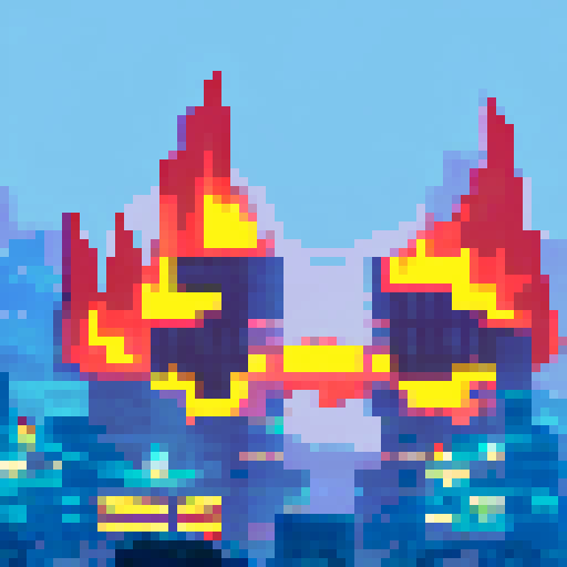 A raging inferno engulfs a tiny metropolis, with sinister skulls appearing in the flames and their ghostly visages haunting the smoke, all rendered in vibrant pixel art