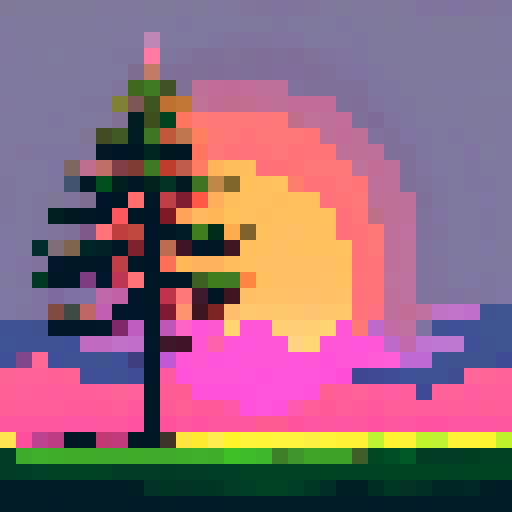 pine tree, tall and majestic, with vibrant green needles, slender branches reaching outwards, against a backdrop of a pixelated sunset sky, bathed in warm hues of orange and pink, casting a shadow on the lush, grassy ground