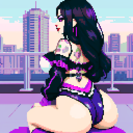 curvy goth girl sitting, black hair, purple eyeshadow, red lipstick, rear end view, rear view glamour shot, pixel art, vibrant sRGB colors, edgy aesthetic