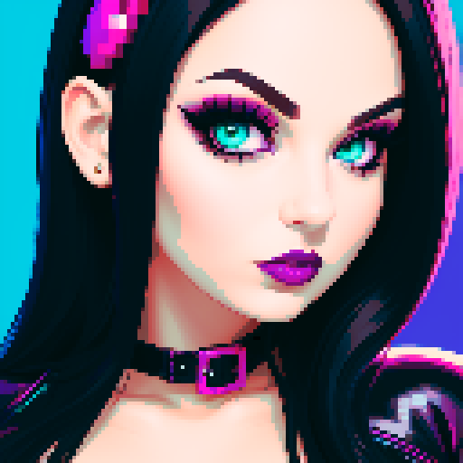 curvy, busty goth girl, face portrait, close up, glamour shot, leather bikini, modern tile backsplash, vivid colors, pixel art, sRGB