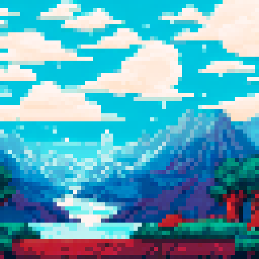 8-bit winter background with lots of sky with colour #29B5E8. Mountains, trees and snow.
