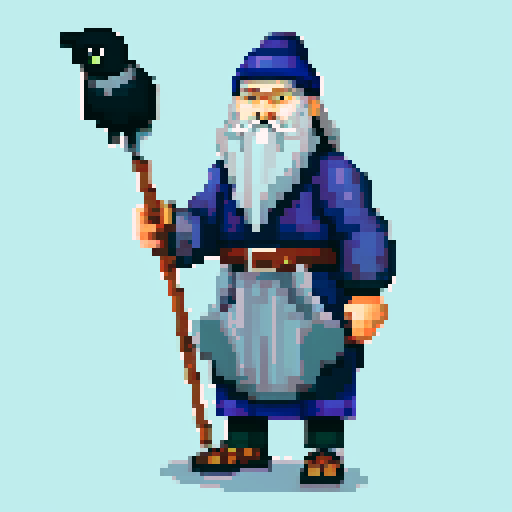 old raven-like druid with grey beard, with staff in hand