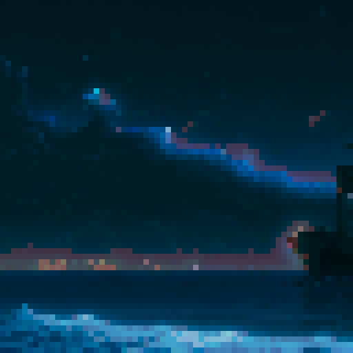 ocean waves crashing, moonlit sky with galaxies, pixel art ships sailing