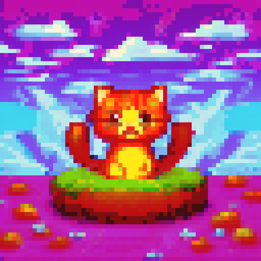 cute pixelated cat, vibrant colors, playful expression, big round eyes, animated whiskers, tiny paws, detailed fur texture, lively background, retro video game aesthetic, sRGB, pixel art