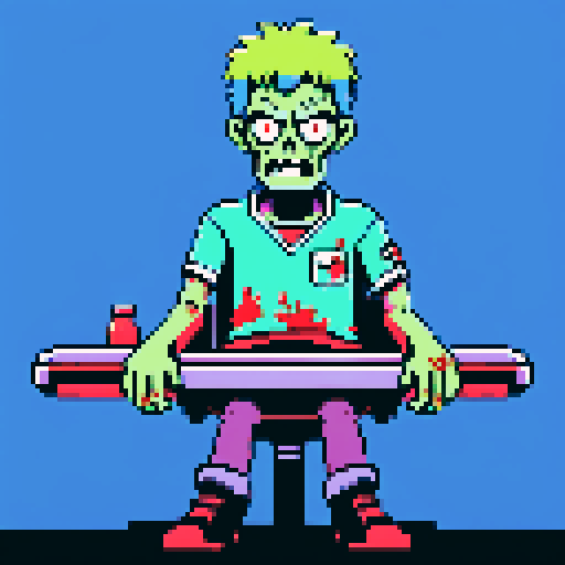 Zombie, strapped to operating table, looking at camera, limbs detached, pixel art, sRGB