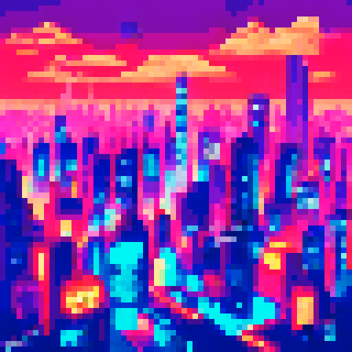 Roaming through a neon-lit cityscape, a vividly-hued dinaurus with rainbow-spiked scales surveys the bustling metropolis from atop a towering skyscraper