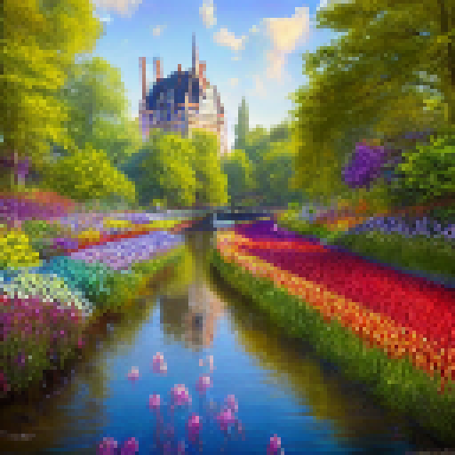 Create a pixel art of Kasteel Keukenhof, featuring vibrant tulip gardens, a flowing river nearby, a moat with a drawbridge, and a clear blue sky overhead.