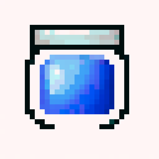 "Create a whimsical close-up portrait of a charming, smiling magic jar character with one big white left eye, a sliver lid, and shiny glass jar - rendered in a playful pixel art style with a vibrant color palette and skillful shading that would make for a perfect game icon."
