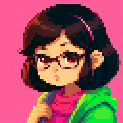 portrait, sprite art, young south asian woman, cozy, cute, soft eyes, smart, nerd