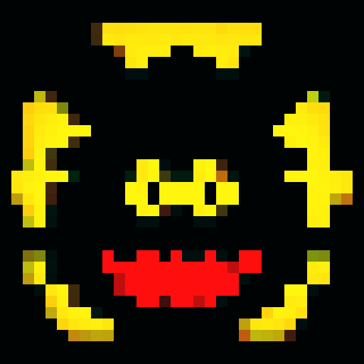 lack spiked head, four glowing yellow eyes, jagged teeth, retro-style 16-bit, 32x32, deadly design, pixel art, sRGB