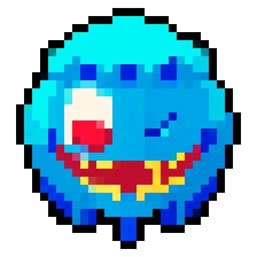 Pixel art of a blue head without eyes but with a huge toothy mouth, retro-style 16-bit, 32x32, aggressive design for a space survival game, sharp teeth, no background, transparent edges