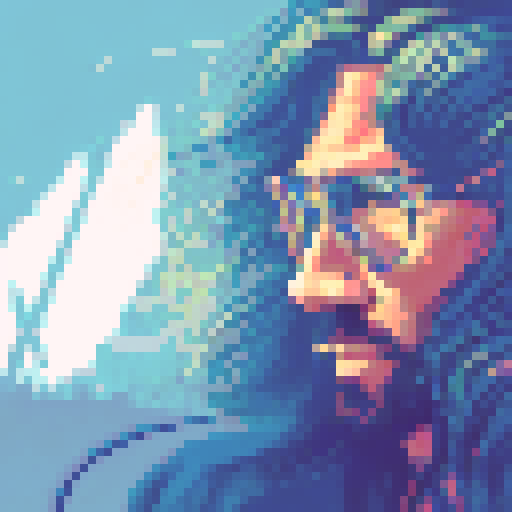 long-haired, eccentric, artistic man with vibrant, neon-colored locks, wearing retro, round sunglasses, against a pixelated, 