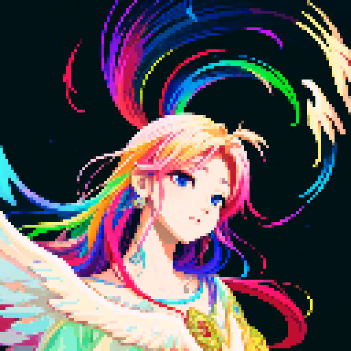 Kpop angel with wings, vibrant colors, pixelated details, sRGB palette, celestial backdrop, flowing hair, ethereal glow, musical notes surrounding