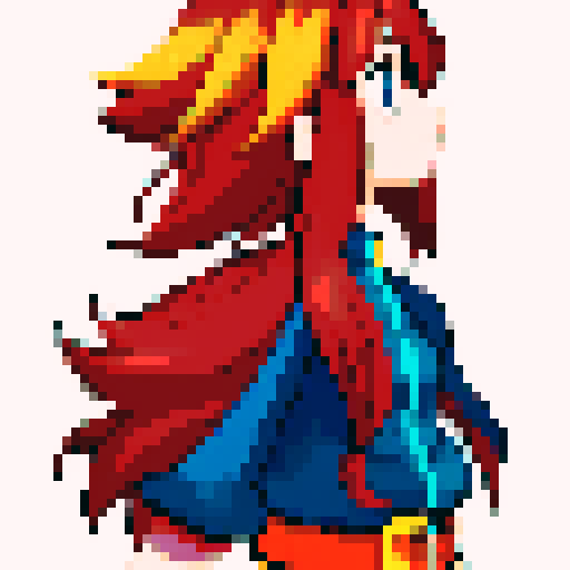 Anime-style profile photo featuring a vibrant-haired character with large, expressive eyes, wearing a pixel art-inspired outfit, against a sRGB background
