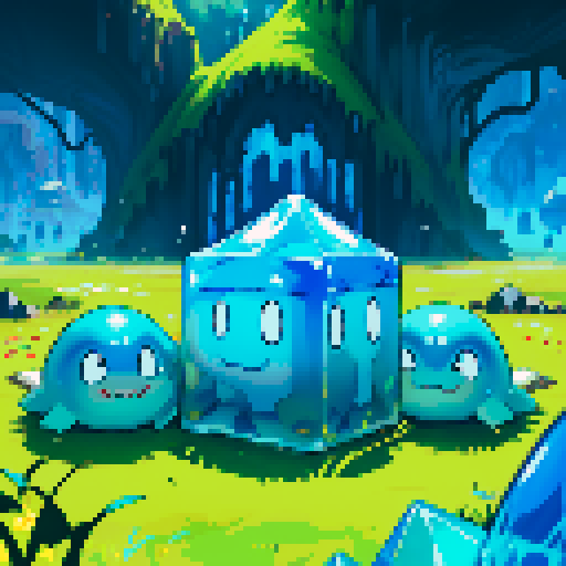 Blue Slime cube, Gelatinous cube, giant Slime, boss fight, grasslands