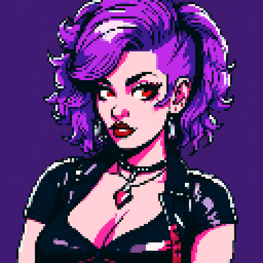 curvy, cute, busty greaser goth girl, with purple hair, black eyeshadow, red lipstick. Large breasts,  wearing bikini and studded collar. Posing in a sexy seductive glamour shot, whole head portrait, avatar photo. vibrant sRGB colors, pixel art, edgy aesthetic