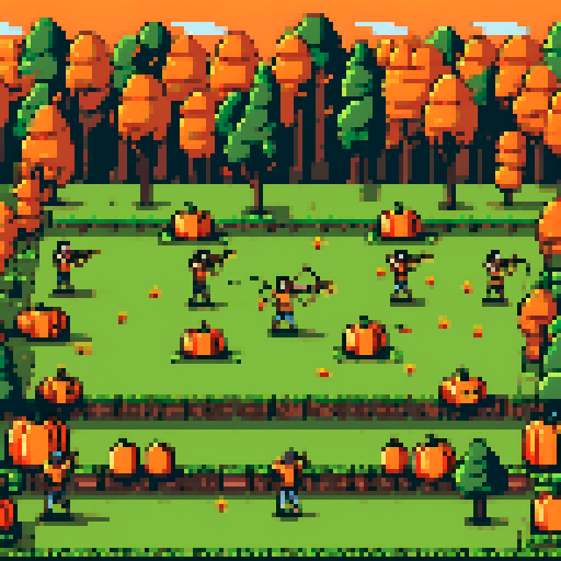 An archery field with a couple of archers shooting at pumpkin targets