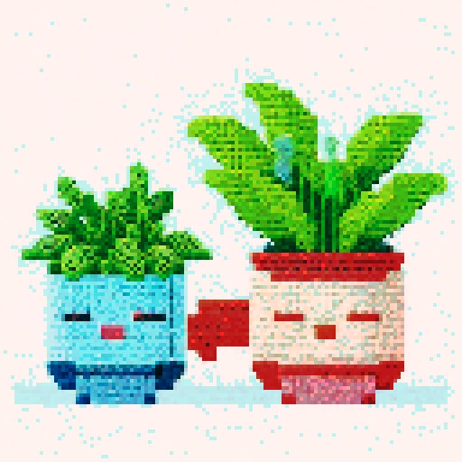 cross stitch indoor plants pixel art style kawaii cute japanese 