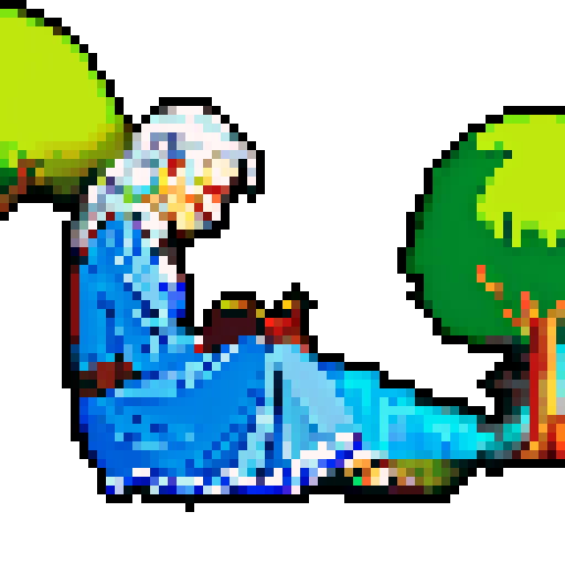 An old lady sitting under a tree, sleeping with a book in hand. She has one long silver braid. The image should be a profile showing her whole body from the side view.