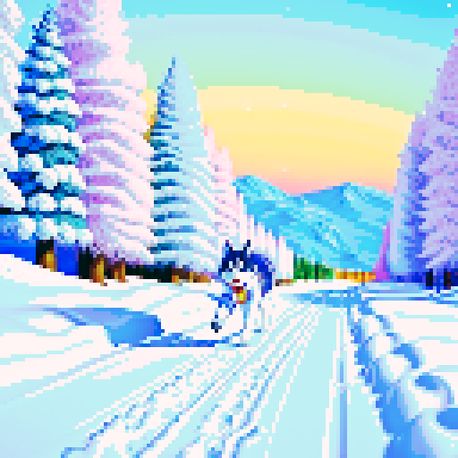 cute husky dog, running in a snowy field, winter wonderland, vibrant colors