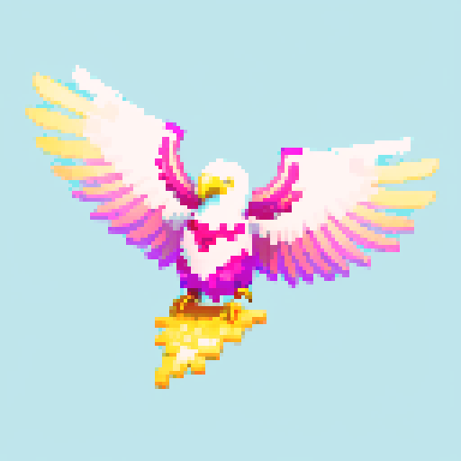 Terraria wings, pixelated gold eagle feathers, gradient shading, sRGB palette, pixel art, fron pale pink to white to cyan