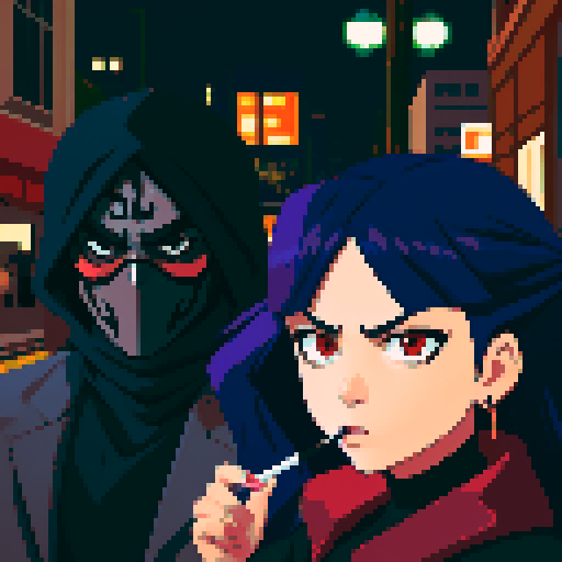 Girl on the right smoking a cigarette, guy on the left holding a gun with a black mask covering his face, gritty, rainy, nighttime, downtown