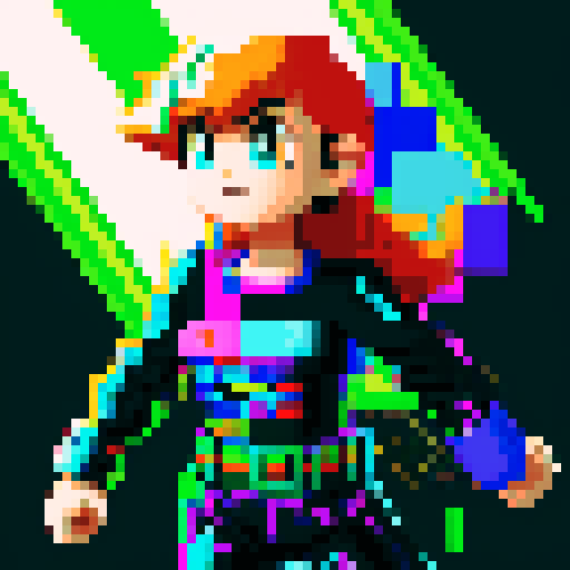 8-bit style portrait with vibrant, retro colors, showcasing a pixelated character in a dynamic pose against a black background, reminiscent of classic video games