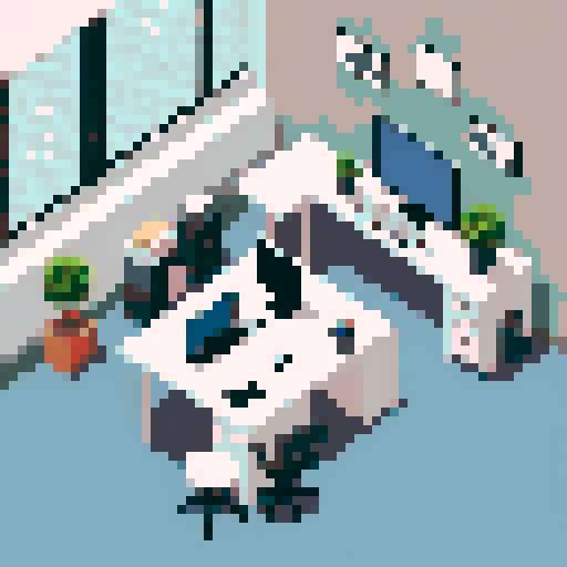 top down view, L-shaped desk, modern office, sprite, isolated