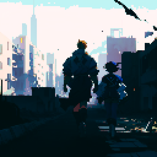 royal space force the wings of honnêamise soldier walking towards blown out war torn building, colorful but not bright