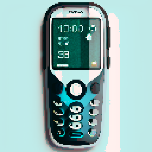 Retro Nokia 3310, with chunky buttons, monochrome screen, and curved edges, surrounded by colorful pixelated icons of text messages, calls, games, and snake