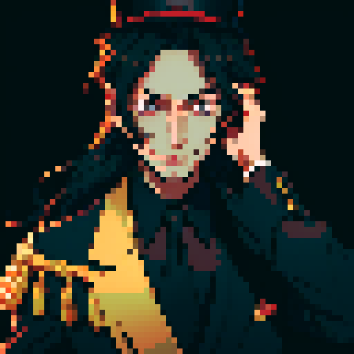 A Guy In A Black Formal Suit, With A Tie And Top Hat, And A Smile Mask Covering His Entire Face. Gold Details On The Suit. Anime Style