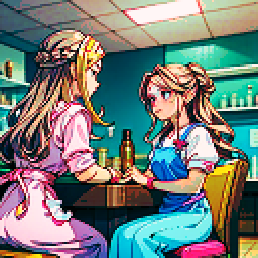 A nail tech with long blonde hair wearing a pink apron and a girl with brown hair sitting and facing each other at a table in a nail salon. Nail polish bottles and UV lamps