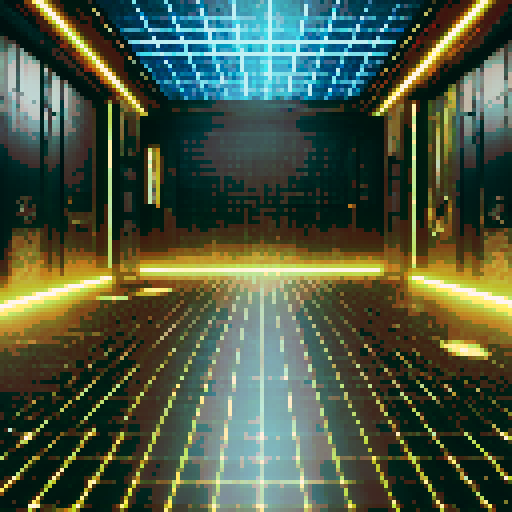 A futuristic holodeck battleground with a flat, glowing grid floor in black and neon yellow, tilted upward for depth. The bottom-left is clear for a player's view, while the middle-right features subtle holographic projections and faint shimmering effects. The background has sleek metallic walls and glowing panels, creating a high-tech simulation chamber that's clean and functional.