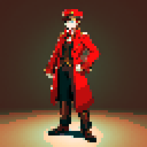 steampunk young man, red coat, red hat, 2D game stance, pixel art, sRGB, full body