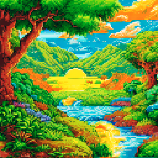 vibrant, colorful, pixelated, sRGB, pixel art, background, landscape, rolling hills, winding river, blooming flowers, towering mountains, lush forests, clear blue sky, fluffy clouds, sparkling waterfalls, peaceful meadows, glowing sunset