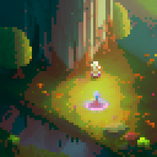 Nameless hero, armored woman, wielding a sword and shield, traversing through a vibrant forest filled with glowing mushrooms and a towering castle in the background