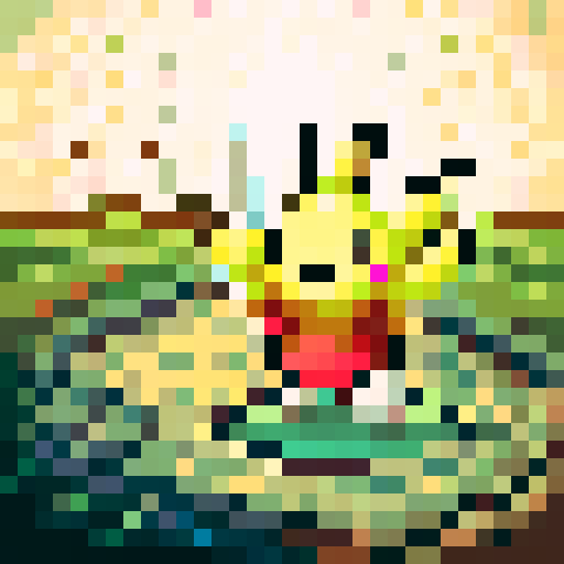 Pikachu in a pond, vibrant colors, pixelated details, sRGB color profile, close-up of face, skillfully crafted, game icon style, 32x32 pixel art, portrait composition