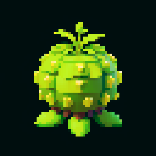 A slightly larger plant-like creature with more defined features, bark-like skin, and budding flowers. It has a friendly expression and a sturdy build. No background.