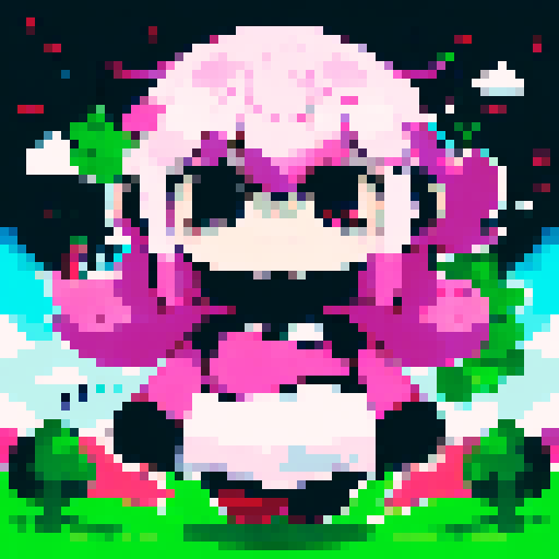 Pink roses bloom around a serene park with swings and trees while a character portrait shows a close-up of an anime-style figure in pixel art.